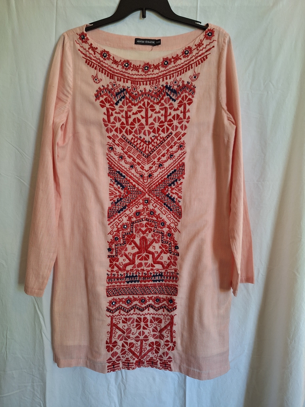 Antik Batik Womens Embroidered Mini Dress Pink Stripe Long Sleeve Sz L 42 Boho